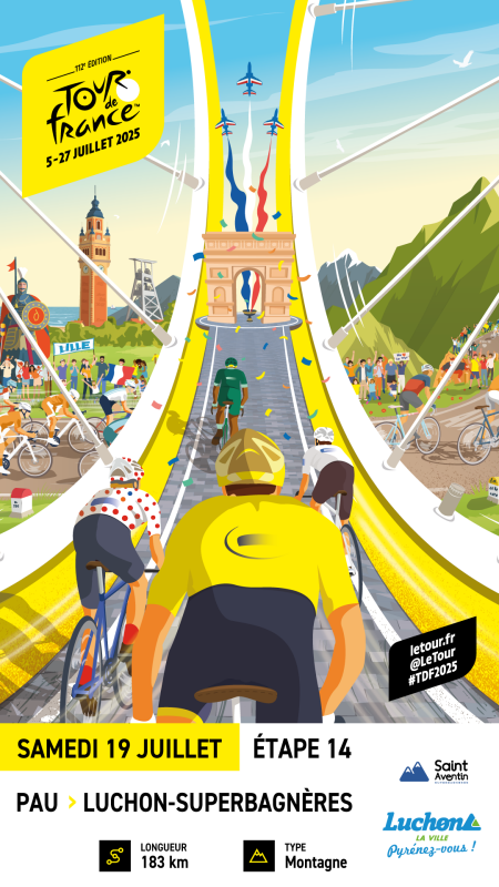 Affiche dessinée du Tour de France avec les dates spécifiques de l'étape Pau-Luchon - superbagnères
